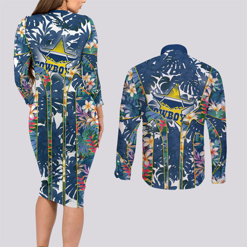 North Queensland Cowboys Couples Matching Long Sleeve Bodycon Dress and Long Sleeve Button Shirt Tropical Hibiscus Floral Pattern With Blue And Yellow Accents