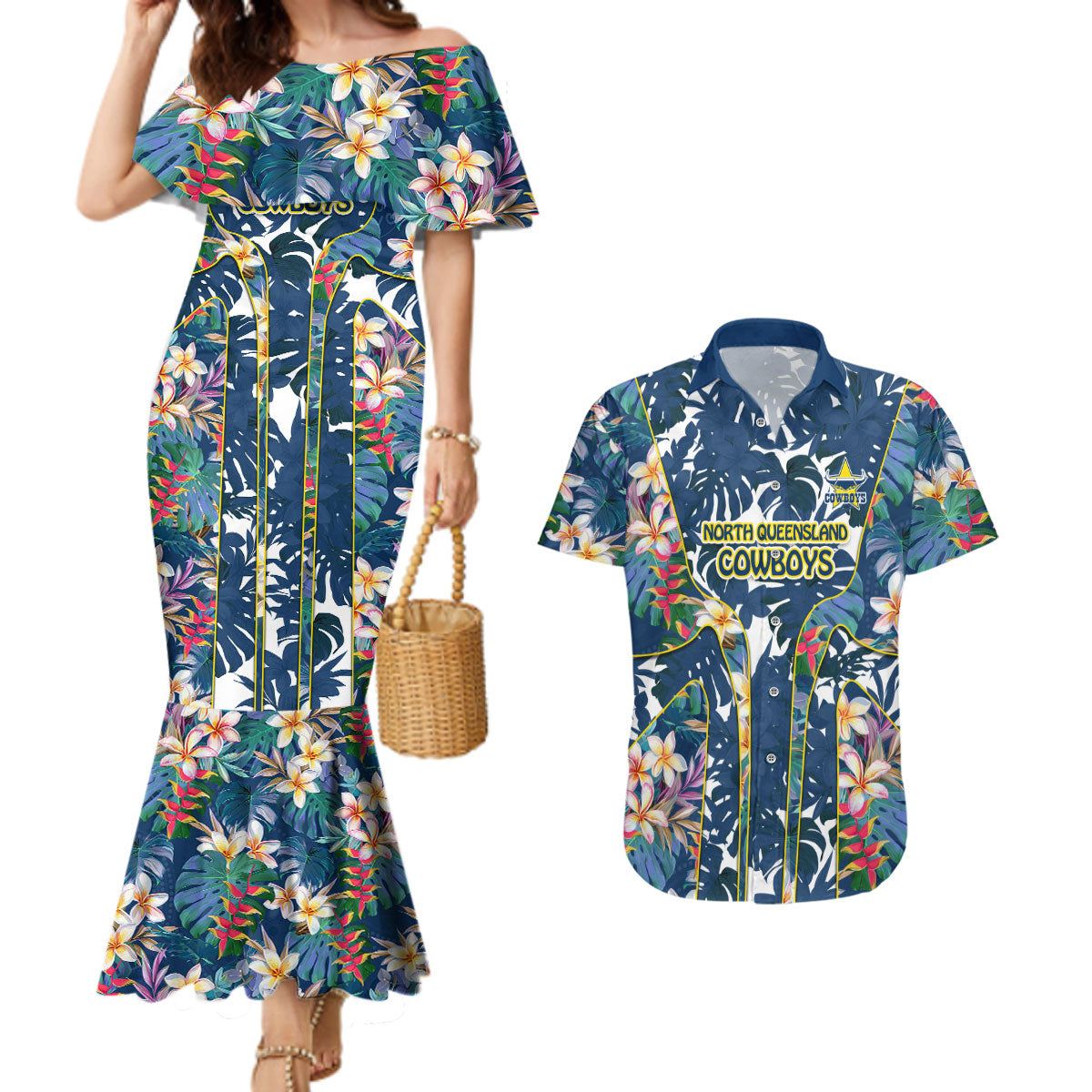 North Queensland Cowboys Couples Matching Mermaid Dress and Hawaiian Shirt Tropical Hibiscus Floral Pattern With Blue And Yellow Accents