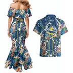 North Queensland Cowboys Couples Matching Mermaid Dress and Hawaiian Shirt Tropical Hibiscus Floral Pattern With Blue And Yellow Accents