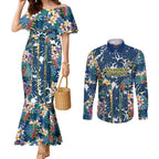 North Queensland Cowboys Couples Matching Mermaid Dress and Long Sleeve Button Shirt Tropical Hibiscus Floral Pattern With Blue And Yellow Accents