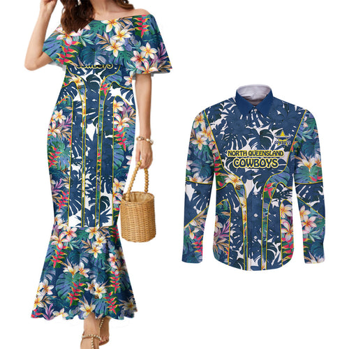 North Queensland Cowboys Couples Matching Mermaid Dress and Long Sleeve Button Shirt Tropical Hibiscus Floral Pattern With Blue And Yellow Accents