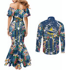 North Queensland Cowboys Couples Matching Mermaid Dress and Long Sleeve Button Shirt Tropical Hibiscus Floral Pattern With Blue And Yellow Accents
