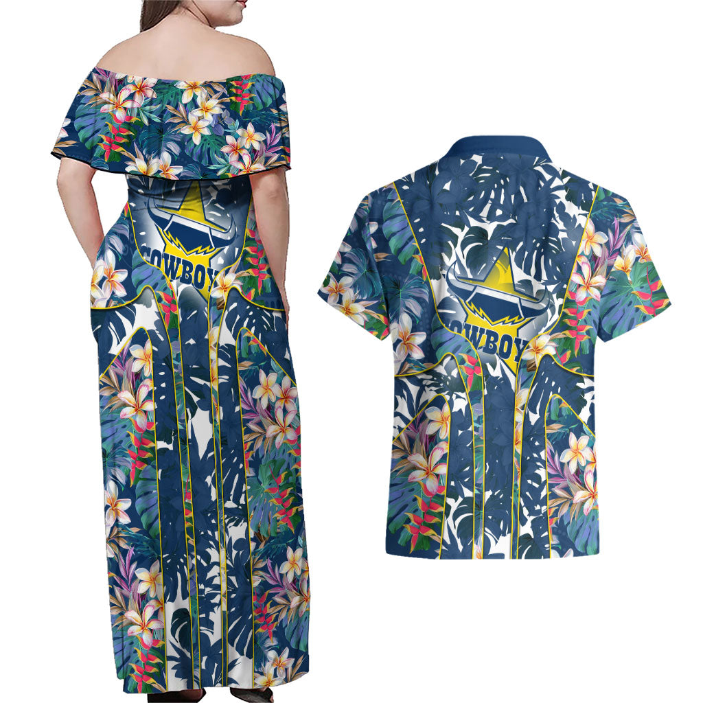 North Queensland Cowboys Couples Matching Off Shoulder Maxi Dress and Hawaiian Shirt Tropical Hibiscus Floral Pattern With Blue And Yellow Accents