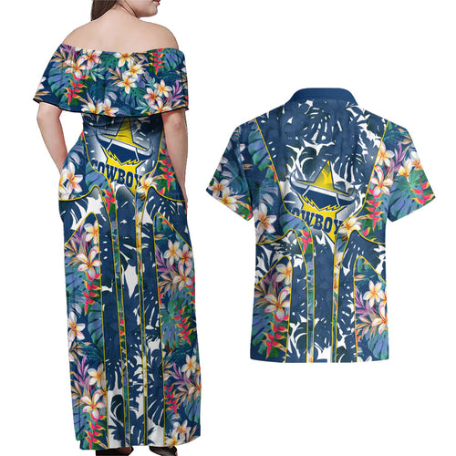 North Queensland Cowboys Couples Matching Off Shoulder Maxi Dress and Hawaiian Shirt Tropical Hibiscus Floral Pattern With Blue And Yellow Accents