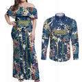 North Queensland Cowboys Couples Matching Off Shoulder Maxi Dress and Long Sleeve Button Shirt Tropical Hibiscus Floral Pattern With Blue And Yellow Accents