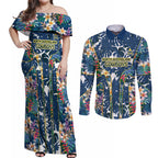 North Queensland Cowboys Couples Matching Off Shoulder Maxi Dress and Long Sleeve Button Shirt Tropical Hibiscus Floral Pattern With Blue And Yellow Accents