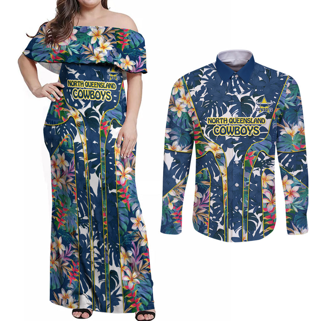 North Queensland Cowboys Couples Matching Off Shoulder Maxi Dress and Long Sleeve Button Shirt Tropical Hibiscus Floral Pattern With Blue And Yellow Accents