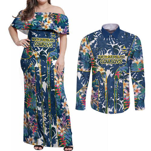 North Queensland Cowboys Couples Matching Off Shoulder Maxi Dress and Long Sleeve Button Shirt Tropical Hibiscus Floral Pattern With Blue And Yellow Accents