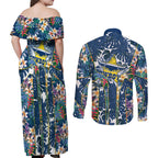 North Queensland Cowboys Couples Matching Off Shoulder Maxi Dress and Long Sleeve Button Shirt Tropical Hibiscus Floral Pattern With Blue And Yellow Accents