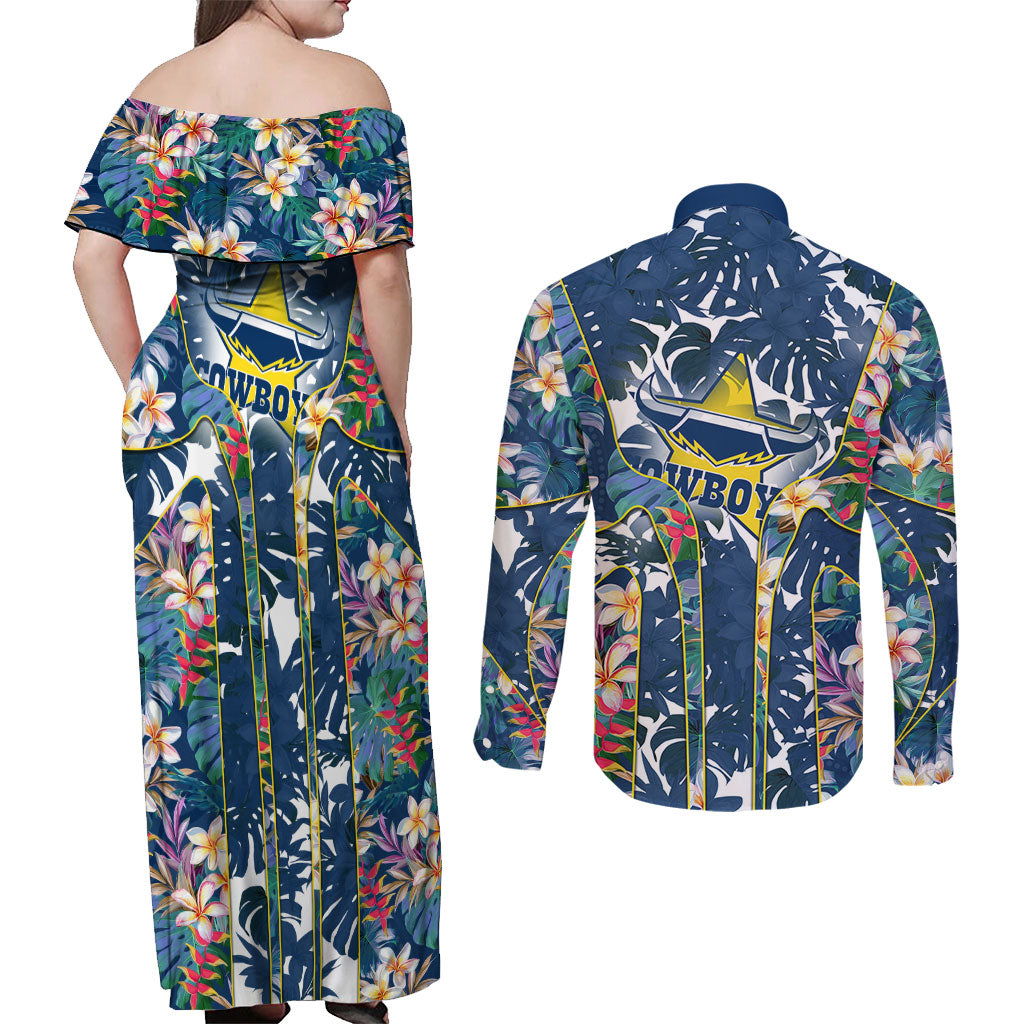 North Queensland Cowboys Couples Matching Off Shoulder Maxi Dress and Long Sleeve Button Shirt Tropical Hibiscus Floral Pattern With Blue And Yellow Accents