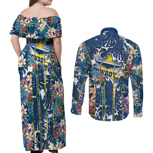 North Queensland Cowboys Couples Matching Off Shoulder Maxi Dress and Long Sleeve Button Shirt Tropical Hibiscus Floral Pattern With Blue And Yellow Accents