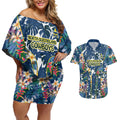 North Queensland Cowboys Couples Matching Off Shoulder Short Dress and Hawaiian Shirt Tropical Hibiscus Floral Pattern With Blue And Yellow Accents