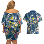 North Queensland Cowboys Couples Matching Off Shoulder Short Dress and Hawaiian Shirt Tropical Hibiscus Floral Pattern With Blue And Yellow Accents