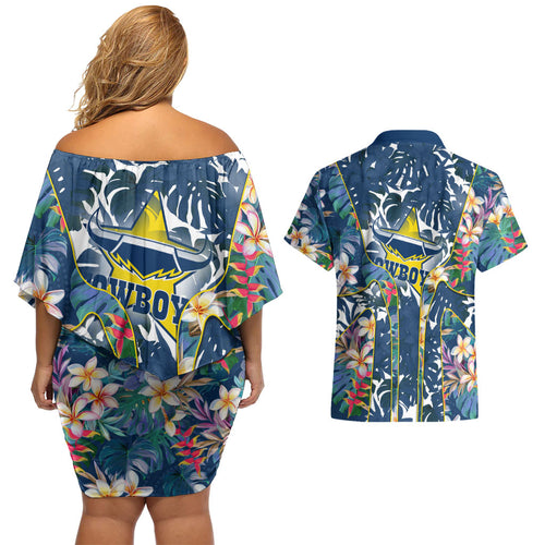 North Queensland Cowboys Couples Matching Off Shoulder Short Dress and Hawaiian Shirt Tropical Hibiscus Floral Pattern With Blue And Yellow Accents