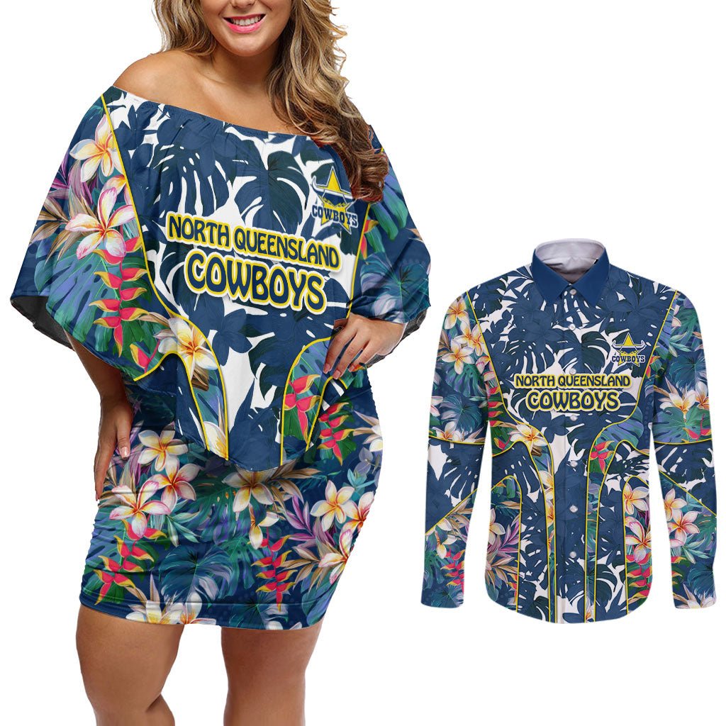 North Queensland Cowboys Couples Matching Off Shoulder Short Dress and Long Sleeve Button Shirt Tropical Hibiscus Floral Pattern With Blue And Yellow Accents