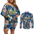 North Queensland Cowboys Couples Matching Off Shoulder Short Dress and Long Sleeve Button Shirt Tropical Hibiscus Floral Pattern With Blue And Yellow Accents