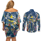 North Queensland Cowboys Couples Matching Off Shoulder Short Dress and Long Sleeve Button Shirt Tropical Hibiscus Floral Pattern With Blue And Yellow Accents