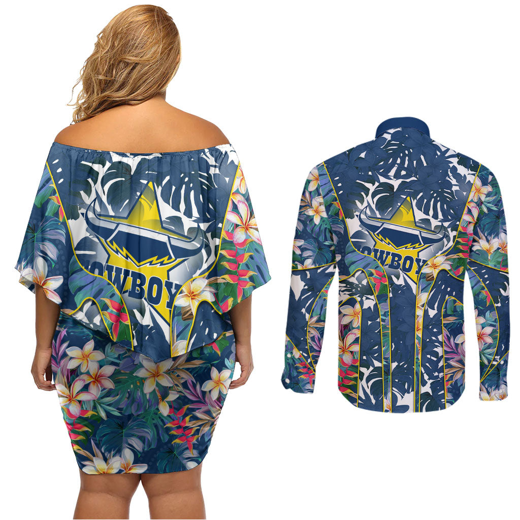 North Queensland Cowboys Couples Matching Off Shoulder Short Dress and Long Sleeve Button Shirt Tropical Hibiscus Floral Pattern With Blue And Yellow Accents