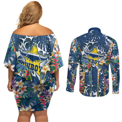 North Queensland Cowboys Couples Matching Off Shoulder Short Dress and Long Sleeve Button Shirt Tropical Hibiscus Floral Pattern With Blue And Yellow Accents