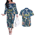 North Queensland Cowboys Couples Matching Off The Shoulder Long Sleeve Dress and Hawaiian Shirt Tropical Hibiscus Floral Pattern With Blue And Yellow Accents