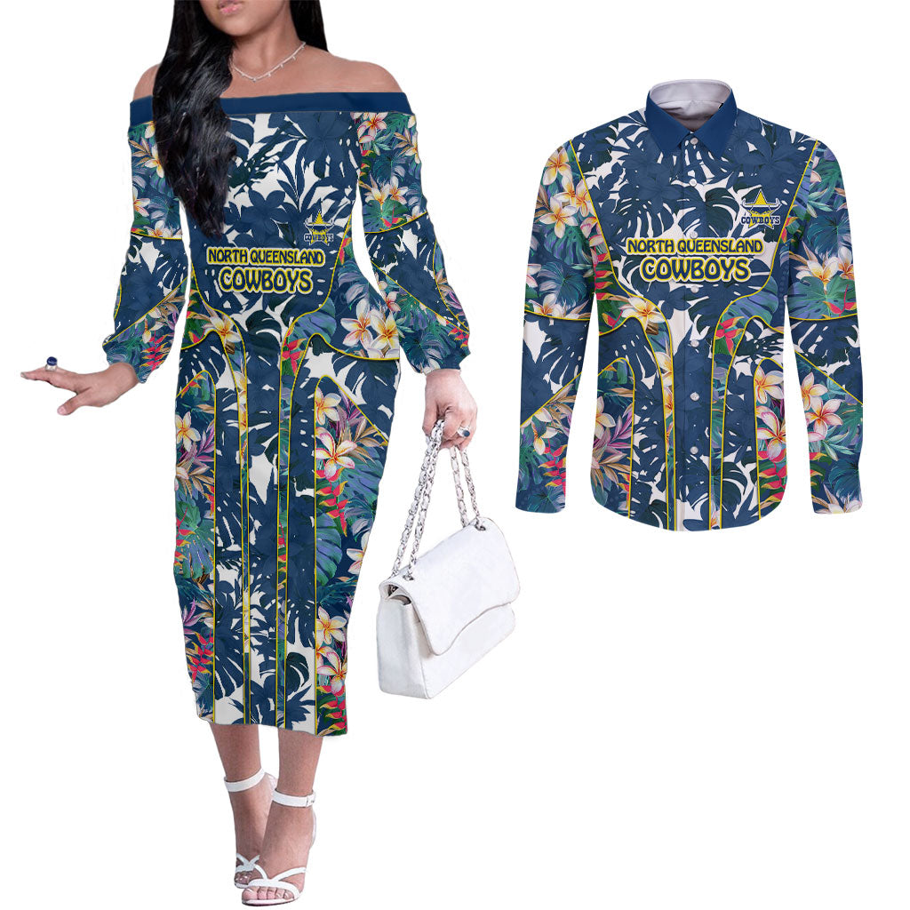 North Queensland Cowboys Couples Matching Off The Shoulder Long Sleeve Dress and Long Sleeve Button Shirt Tropical Hibiscus Floral Pattern With Blue And Yellow Accents