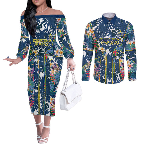 North Queensland Cowboys Couples Matching Off The Shoulder Long Sleeve Dress and Long Sleeve Button Shirt Tropical Hibiscus Floral Pattern With Blue And Yellow Accents