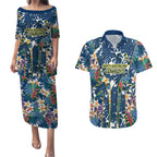 North Queensland Cowboys Couples Matching Puletasi and Hawaiian Shirt Tropical Hibiscus Floral Pattern With Blue And Yellow Accents