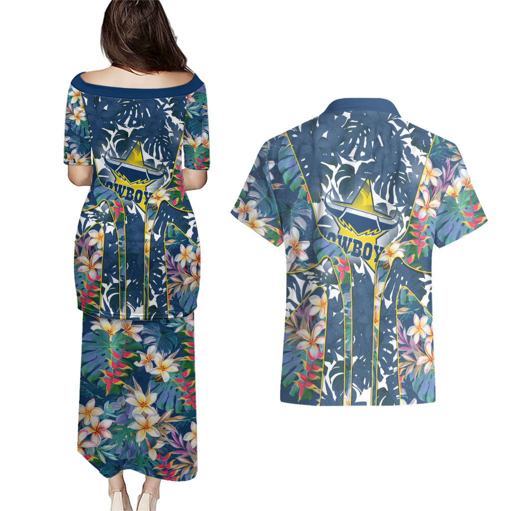North Queensland Cowboys Couples Matching Puletasi and Hawaiian Shirt Tropical Hibiscus Floral Pattern With Blue And Yellow Accents