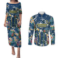 North Queensland Cowboys Couples Matching Puletasi and Long Sleeve Button Shirt Tropical Hibiscus Floral Pattern With Blue And Yellow Accents
