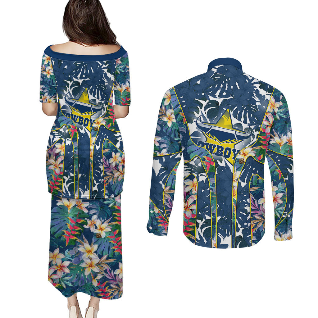 North Queensland Cowboys Couples Matching Puletasi and Long Sleeve Button Shirt Tropical Hibiscus Floral Pattern With Blue And Yellow Accents