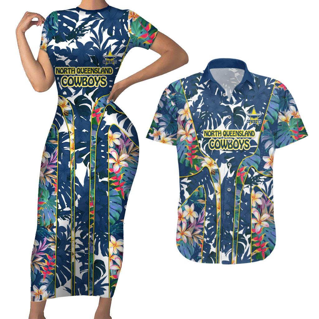 North Queensland Cowboys Couples Matching Short Sleeve Bodycon Dress and Hawaiian Shirt Tropical Hibiscus Floral Pattern With Blue And Yellow Accents