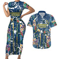 North Queensland Cowboys Couples Matching Short Sleeve Bodycon Dress and Hawaiian Shirt Tropical Hibiscus Floral Pattern With Blue And Yellow Accents