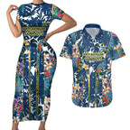 North Queensland Cowboys Couples Matching Short Sleeve Bodycon Dress and Hawaiian Shirt Tropical Hibiscus Floral Pattern With Blue And Yellow Accents