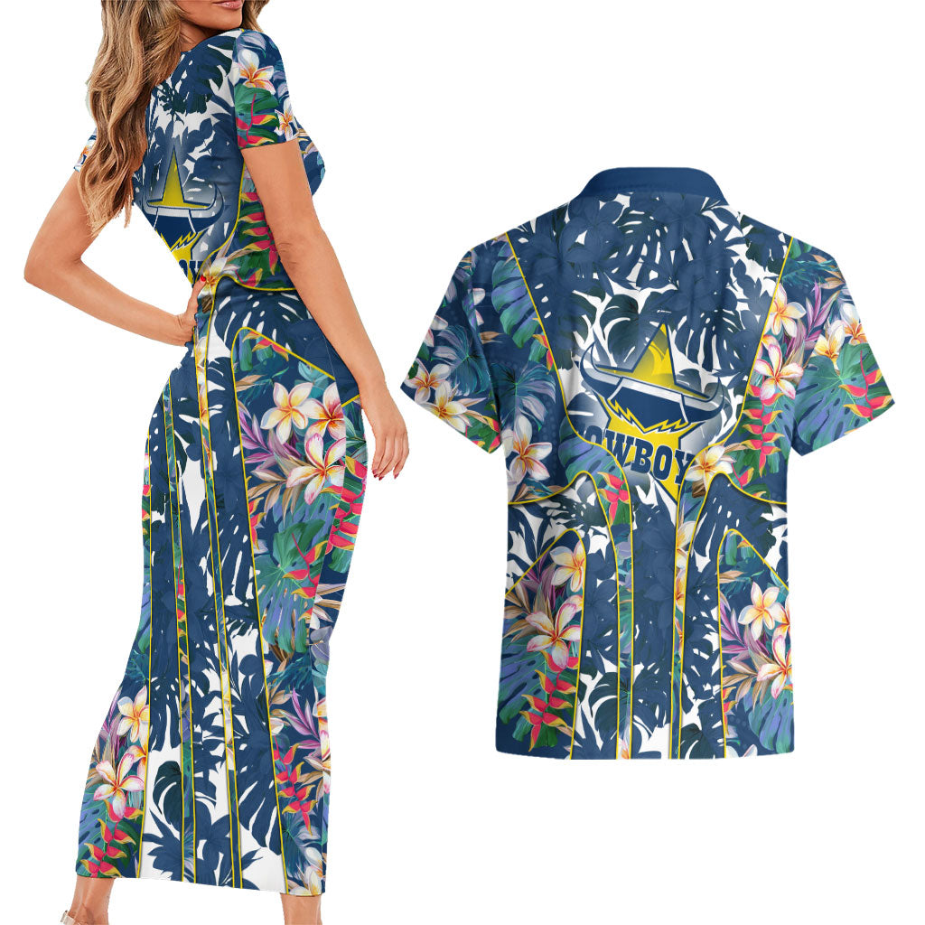 North Queensland Cowboys Couples Matching Short Sleeve Bodycon Dress and Hawaiian Shirt Tropical Hibiscus Floral Pattern With Blue And Yellow Accents