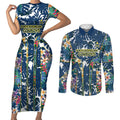 North Queensland Cowboys Couples Matching Short Sleeve Bodycon Dress and Long Sleeve Button Shirt Tropical Hibiscus Floral Pattern With Blue And Yellow Accents