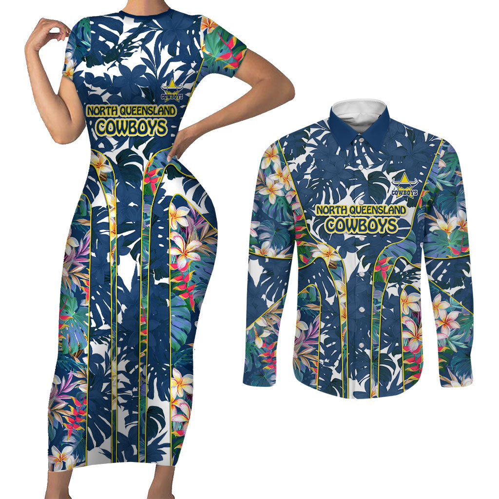North Queensland Cowboys Couples Matching Short Sleeve Bodycon Dress and Long Sleeve Button Shirt Tropical Hibiscus Floral Pattern With Blue And Yellow Accents