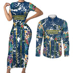 North Queensland Cowboys Couples Matching Short Sleeve Bodycon Dress and Long Sleeve Button Shirt Tropical Hibiscus Floral Pattern With Blue And Yellow Accents
