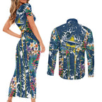 North Queensland Cowboys Couples Matching Short Sleeve Bodycon Dress and Long Sleeve Button Shirt Tropical Hibiscus Floral Pattern With Blue And Yellow Accents