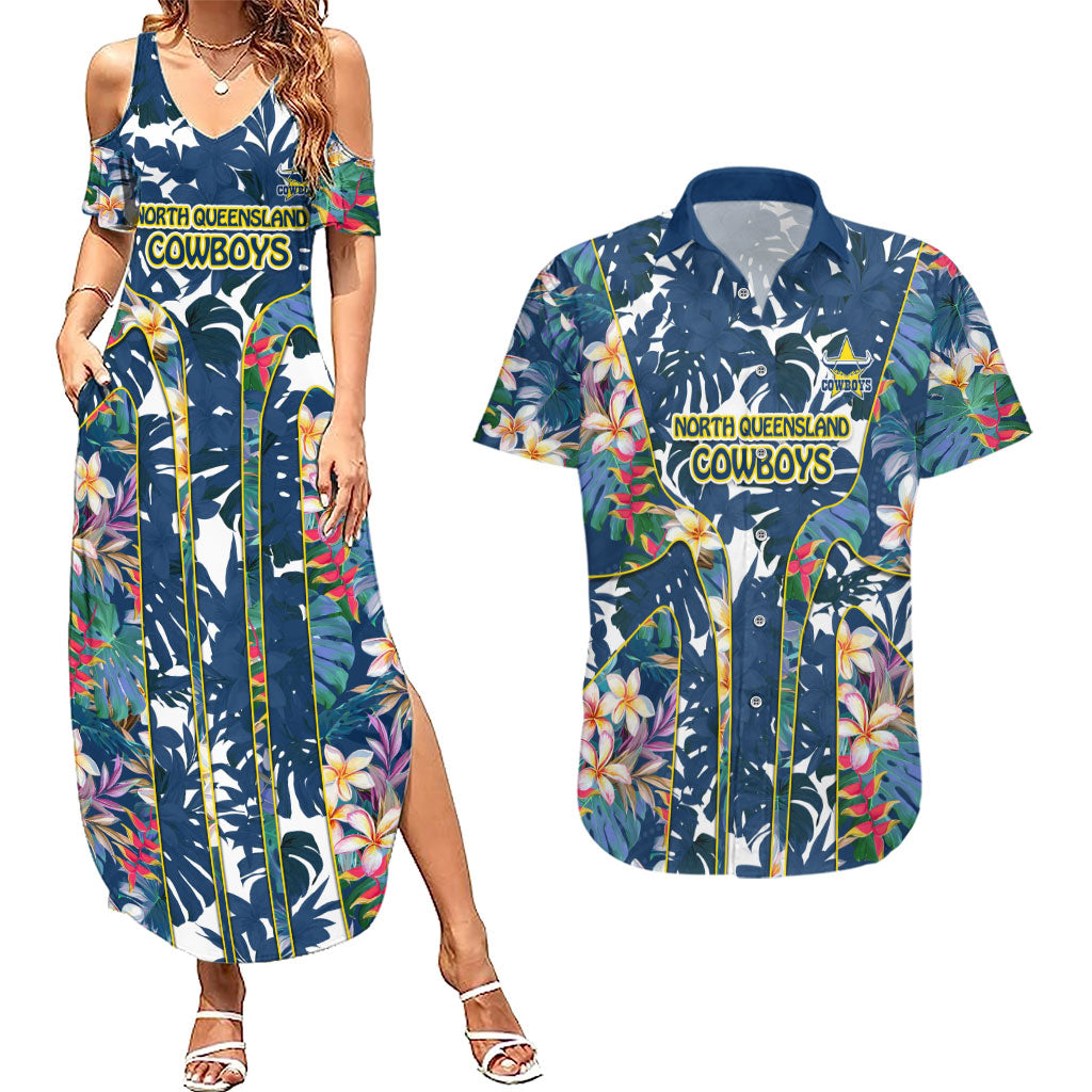 North Queensland Cowboys Couples Matching Summer Maxi Dress and Hawaiian Shirt Tropical Hibiscus Floral Pattern With Blue And Yellow Accents