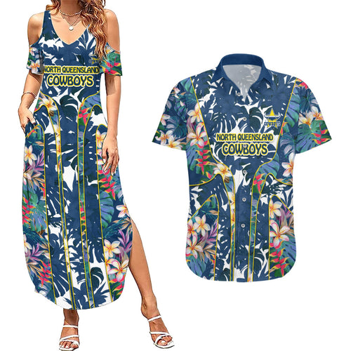 North Queensland Cowboys Couples Matching Summer Maxi Dress and Hawaiian Shirt Tropical Hibiscus Floral Pattern With Blue And Yellow Accents