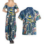 North Queensland Cowboys Couples Matching Summer Maxi Dress and Hawaiian Shirt Tropical Hibiscus Floral Pattern With Blue And Yellow Accents