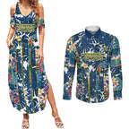 North Queensland Cowboys Couples Matching Summer Maxi Dress and Long Sleeve Button Shirt Tropical Hibiscus Floral Pattern With Blue And Yellow Accents
