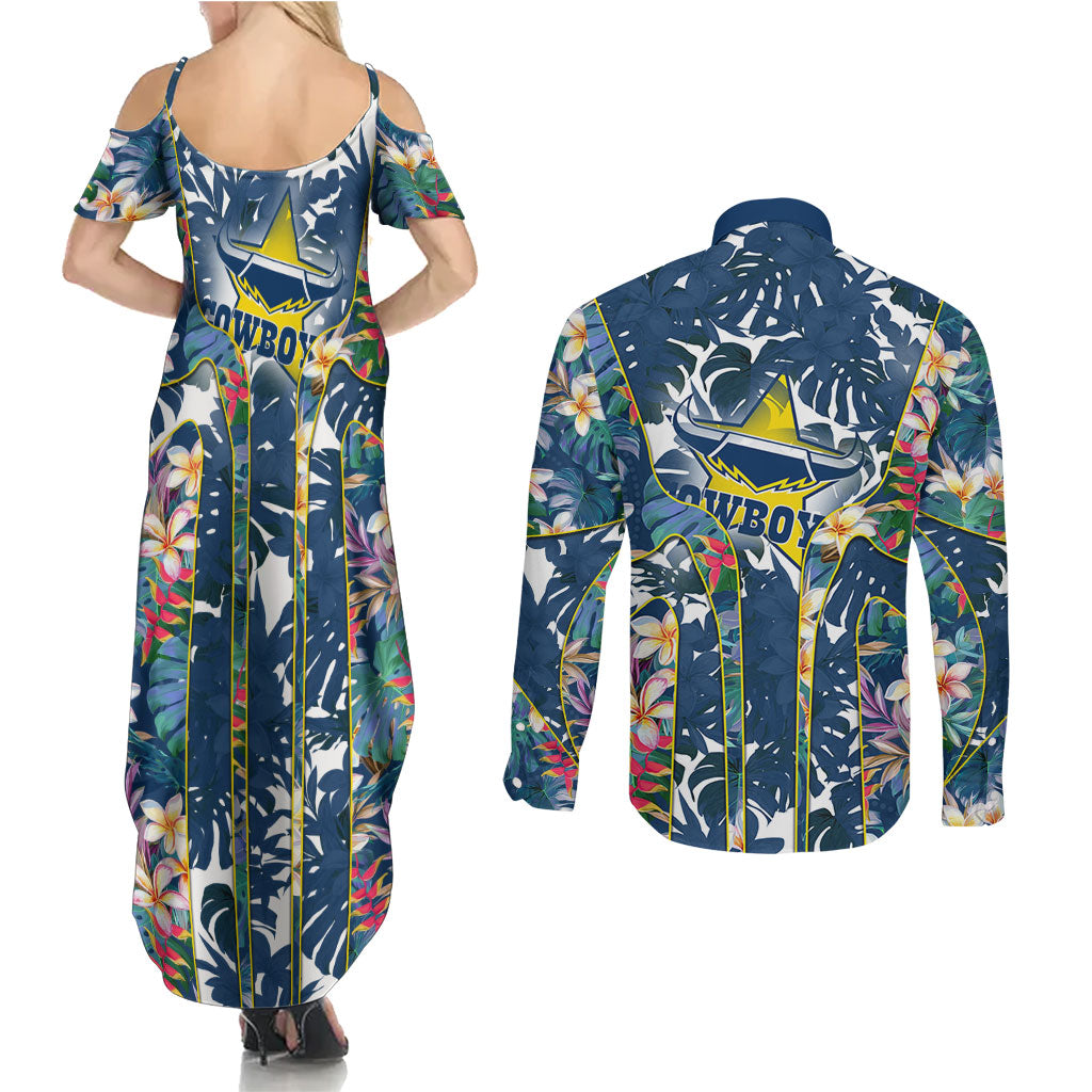 North Queensland Cowboys Couples Matching Summer Maxi Dress and Long Sleeve Button Shirt Tropical Hibiscus Floral Pattern With Blue And Yellow Accents