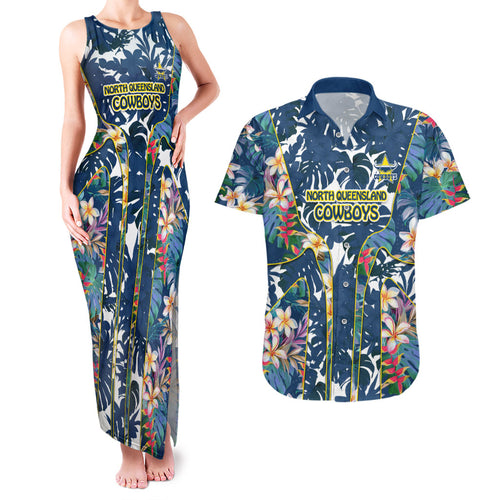 North Queensland Cowboys Couples Matching Tank Maxi Dress and Hawaiian Shirt Tropical Hibiscus Floral Pattern With Blue And Yellow Accents