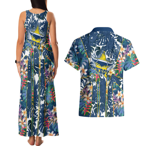 North Queensland Cowboys Couples Matching Tank Maxi Dress and Hawaiian Shirt Tropical Hibiscus Floral Pattern With Blue And Yellow Accents