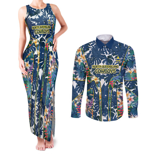 North Queensland Cowboys Couples Matching Tank Maxi Dress and Long Sleeve Button Shirt Tropical Hibiscus Floral Pattern With Blue And Yellow Accents