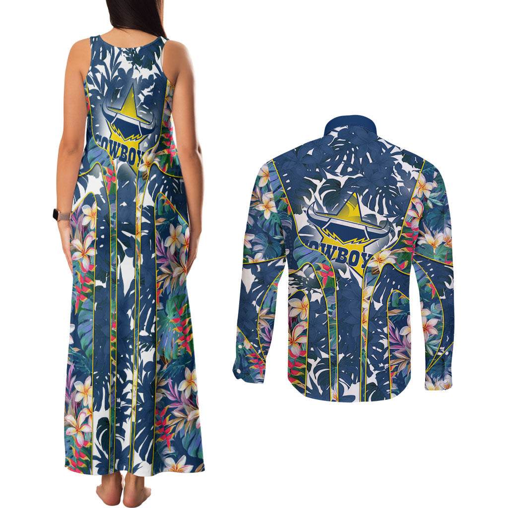 North Queensland Cowboys Couples Matching Tank Maxi Dress and Long Sleeve Button Shirt Tropical Hibiscus Floral Pattern With Blue And Yellow Accents