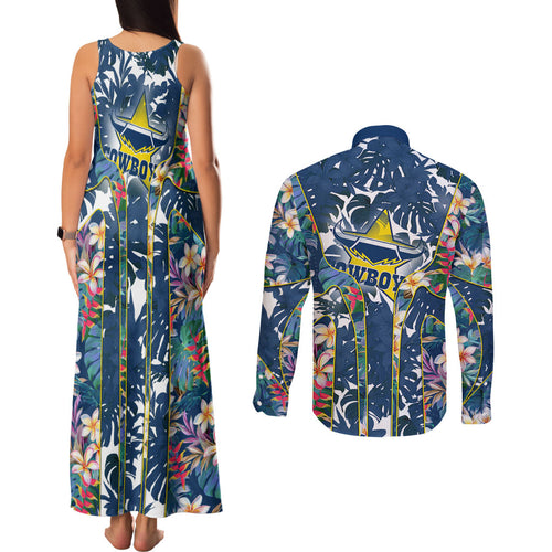 North Queensland Cowboys Couples Matching Tank Maxi Dress and Long Sleeve Button Shirt Tropical Hibiscus Floral Pattern With Blue And Yellow Accents