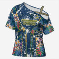 North Queensland Cowboys Cross Shoulder Shirt Tropical Hibiscus Floral Pattern With Blue And Yellow Accents
