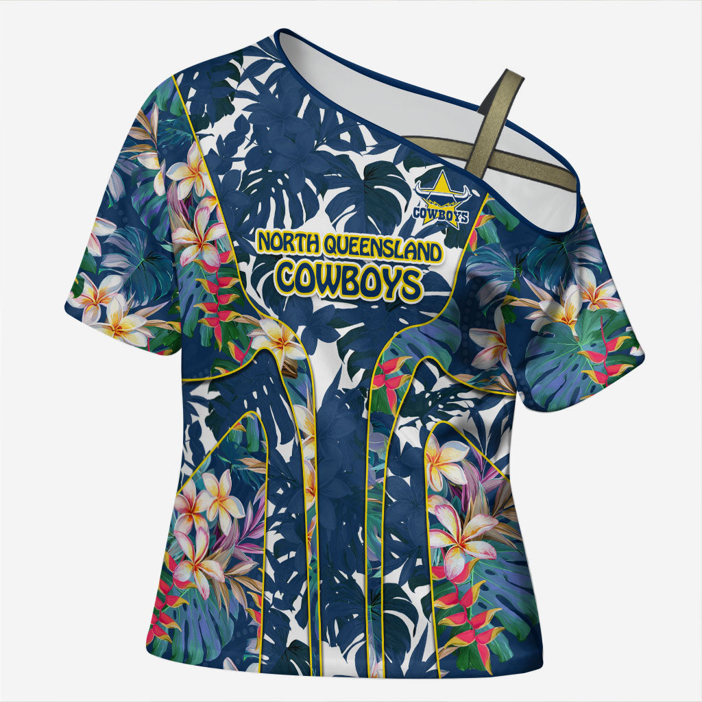 North Queensland Cowboys Cross Shoulder Shirt Tropical Hibiscus Floral Pattern With Blue And Yellow Accents